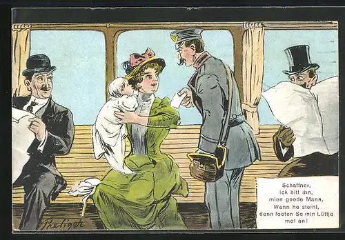 AK Junge Mutter zeigt dem Fahrkartenkontrolleur ihr Kind, Scherz