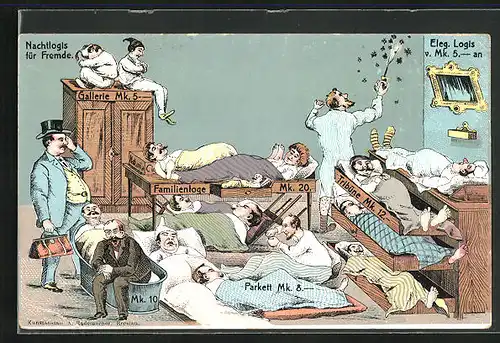 AK Nachtlogis für Fremde, Männer in verschiedenen Schlafgelegenheiten, Scherz