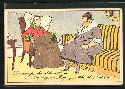 AK Ehefrau betrachtet ihren kranken Ehemann in seinem Sessel, Scherz