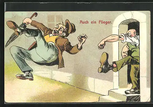 AK Mann fliegt in hohem Bogen aus dem Gasthaus, Scherz