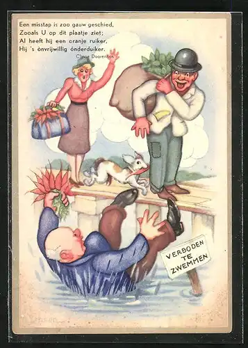 AK Mann fällt mit einem Bund Möhren in der Hand ins Wasser, Scherz