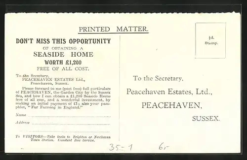 AK Peacehaven / Sussex, Peacehafen Estates Ltd., Seaside Home, Reklame