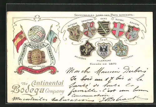 Präge-AK Portweinfässer mit Weltkugel und Fahnen, Wappen, Reklame für The Continental Bodega Company