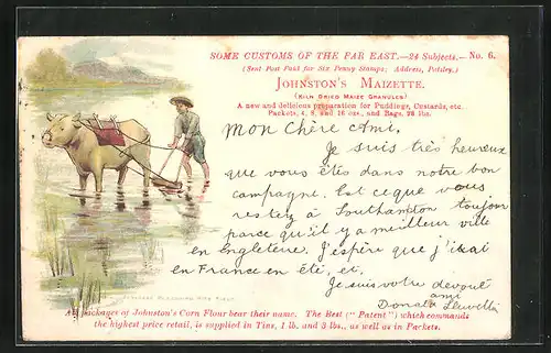 AK Bauer mit Ochsengespann auf dem Feld, Reklame für Johnston`s Maizette (Kiln Dried Maize Granules)