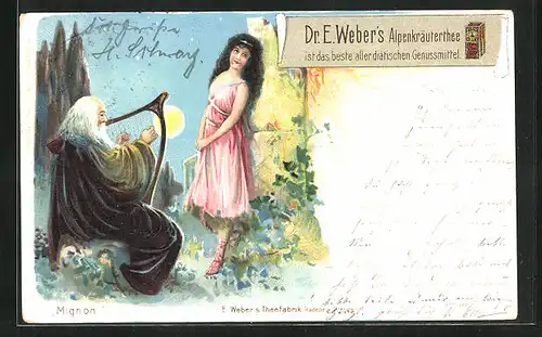 AK Mädchen lauscht den Klängen einer Harfe, Reklame für Dr. E. Weber`s Alpenkräutertee, Medikament