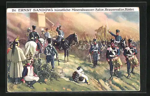 AK Soldaten auf dem Weg in die Schlacht, Reklame für Dr. Ernst Sandow`s künstliche Mineralwasser-Salze und Bäder