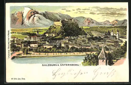 Lithographie Salzburg, Seiling Nr. 54, Panorama mit Untersberg, Berg mit Gesicht / Berggesichter