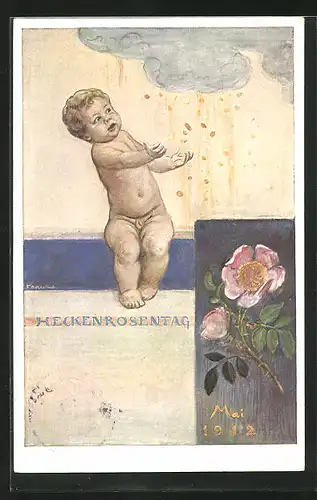 Künstler-AK München, heckenröschentag 1912, nackter Bube mit Geldregen, Heckenrose