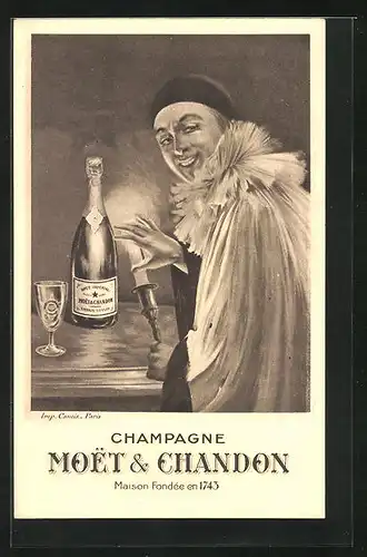 Künstler-AK Champagne Moet & Chandon, Maison Fondée en 1743, kostümierter Mann mit Champagnerflasche und Kerze