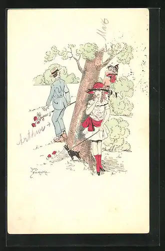 Künstler-AK Mann beobachtet ein sich küssendes Liebespaar, Mädchen versteckt sich mit Hund hinter einem Baum