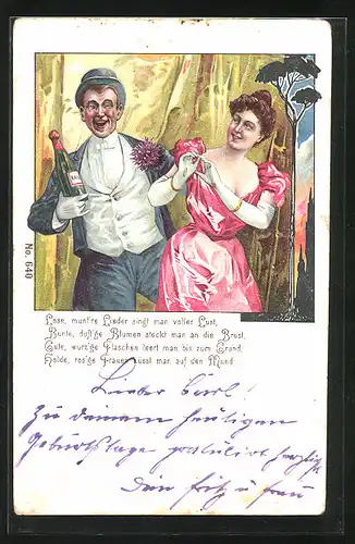 AK Paar feiert mit Sekt, Mann trägt einen Monokel