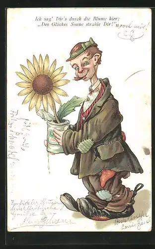 AK Bettler mit Sonnenblume in einer Dose