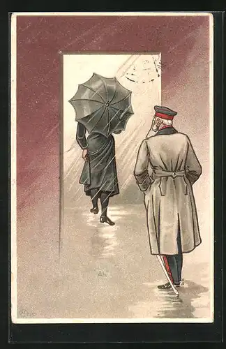 Präge-AK Wachtmeister und Fräulein mit Schirm bei Regen