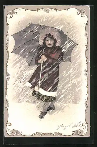 AK Mädchen mit Kapuze im Mantel bei Regen unter einem Schirm