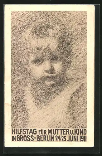 Künstler-AK Hilfstag für Mutter & Kind in Berlin 1911, Portrait eines blonden Buben