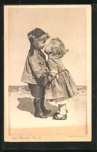 AK Deutscher Verein für Säuglingsfürsorge 1916 e.V., der erste Kuss eines Kinderpaares