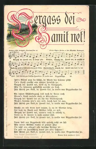 Lied-AK Anton Günther Nr. 47: Bergass dei Hamit net!, Text- und Notenzeilen