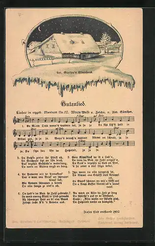 Lied-AK Anton Günther Nr. 22: Butzenlied, Text- und Notenzeilen, Ant. Günther's Elternhaus