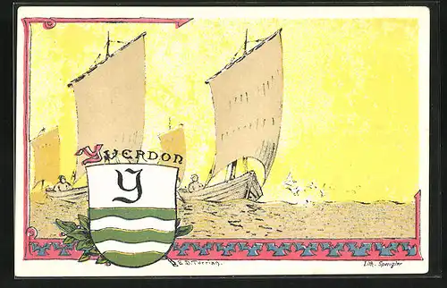 Künstler-AK Yverdon, Segelboote und Wappen