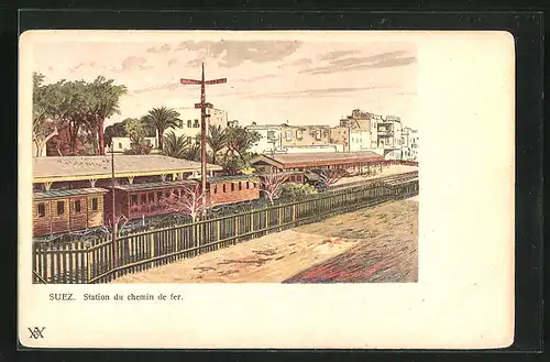 Lithographie Suez, Station du chemin de fer, Bahnhof