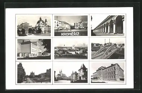 AK Kromeriz, Panorama, Brücke, Kirche & Strassenpartien