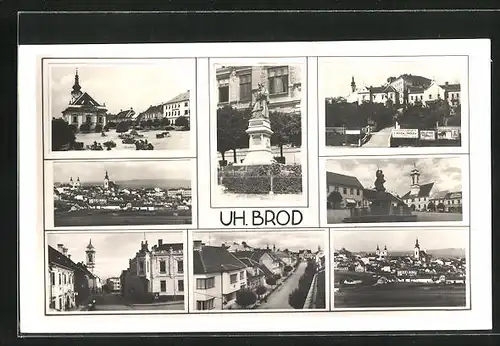 AK Uh. Brod, Panorama, Marktplatz, Denkmal und Strassenblick