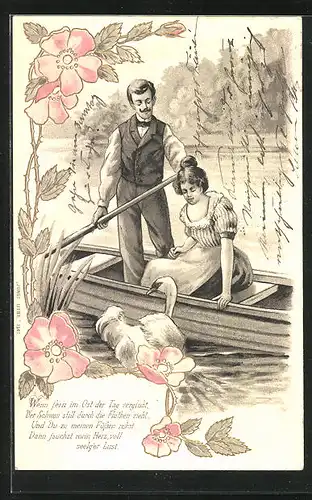 Präge-Lithographie Jugendstil, ein junges Paar auf dem See in einem Ruderboot
