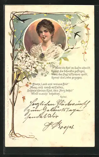 Lithographie Jugendstil, Portrait einer jungen Frau, mit Blumen verziert