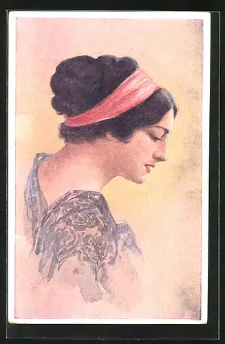 Lithographie Jugendstil, seitliche Abbildung einer jungen Frau mit einem Halstuch