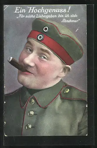 AK Rauchen, der Hochgenuss einer Zigarre, in Uniform mit Mütze