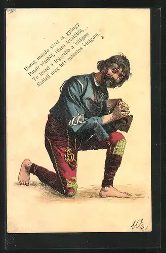 Lithographie Bettler, auf den Knien um eine Spende bittend