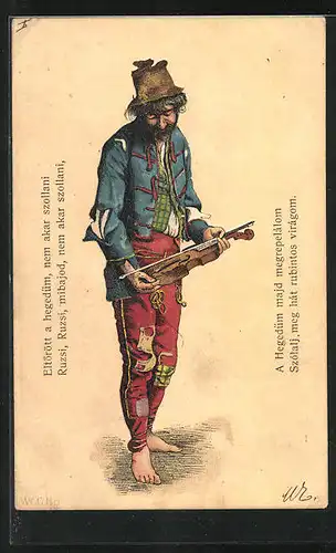 Lithographie Bettler, in zerlumpten Kleidern mit Hut und Geige