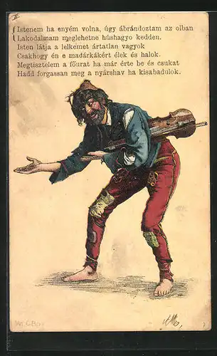 Lithographie Bettler, in einer roten Hose mit blauem Hemd und seiner Geige