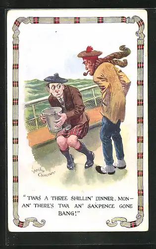 Künstler-AK Toilettenhumor, schwerer Seegang auf dem Schiffsdeck, Mann mit einem Eimer