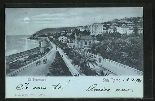 Mondschein-AK San Remo, La Promenade, die Villen am Strand