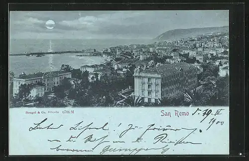 Mondschein-AK San Remo, Generalansicht der Stadt, Blick auf die Hafenbucht