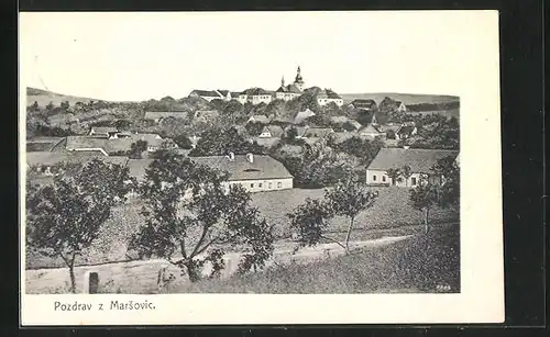 AK Marsovice, Ortstotale, Blick zur Kirche