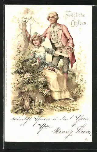 Lithographie Liebespaar in barocker Kleidung an einem Baum sitzend, Fröhliche Ostern