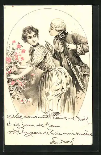 Künstler-AK Mann spricht eine Frau beim Blumenpflücken an