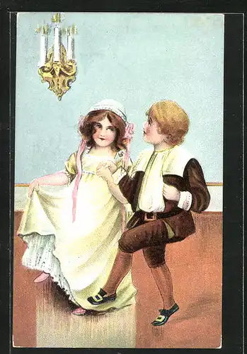 AK Kinderpaar in eleganter Kleidung tanzt einen mittelalterlichen Tanz