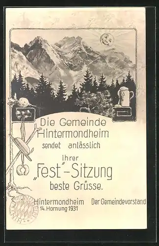 AK Fest-Sitzung der Gemeinde Hintermondheim 1931, Gebirgspanora, a Sonne mit Gesicht, Rübe und Bierkrug