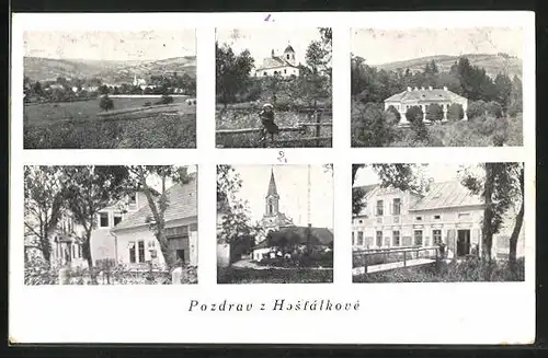 AK Hostalkova, Panorama, Kirche und Ortspartien