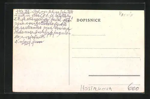 AK Hostalkova, Panorama, Kirche und Ortspartien