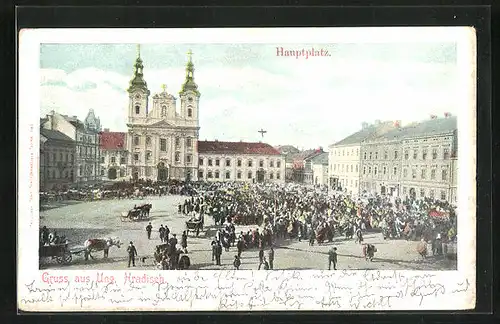 AK Ung. Hradisch, Hauptplatz mit Marktleben