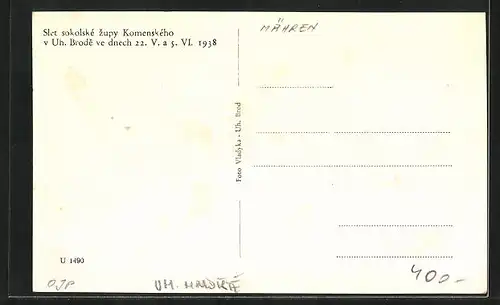 AK Uh. Brod, Sokolovna, Slet sokolske zupy Komenskeho 1938