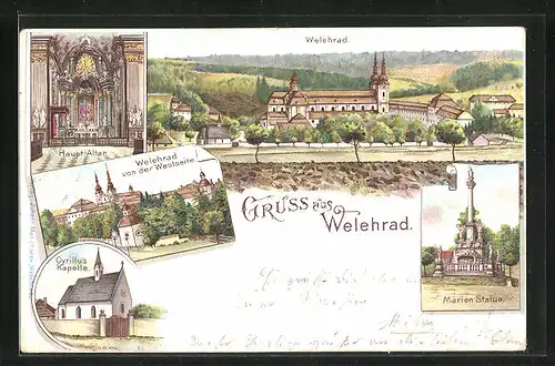 Lithographie Welehrad, Panorama, Cyrillus Kapelle & Marien Statue