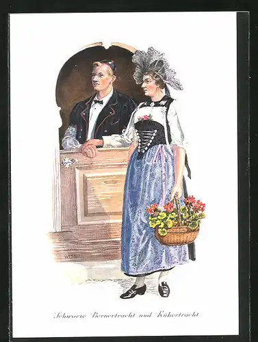 AK Schweizer Paar in schwarzer Bernertracht und Kühertracht