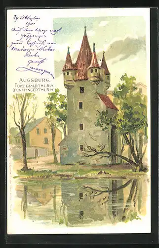 Lithographie Augsburg, Fünfgradthurm (Fünffingerthurm)