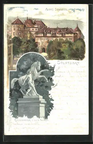 Künstler-AK Carl Münch: Stuttgart, Altes Schloss, Rossbändiger in den k. Anlagen