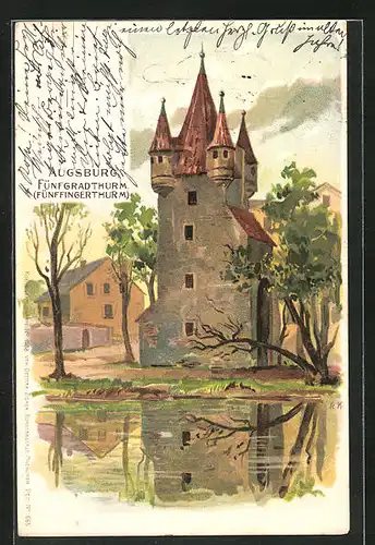 Lithographie Augsburg, Fünfgradthurm (Fünffingerthurm)